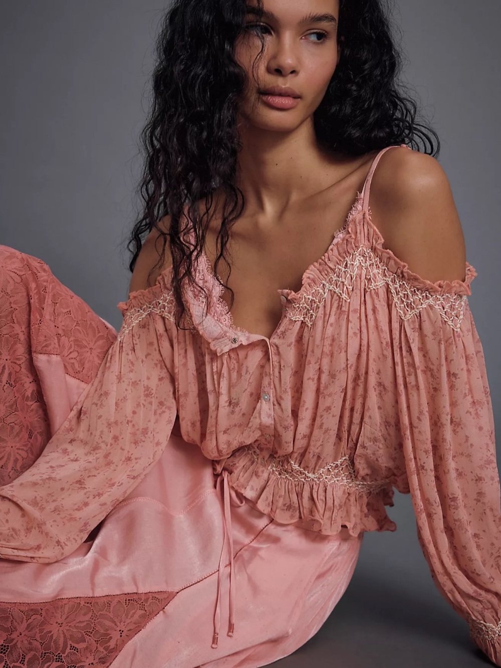 Free People Marlow Smocked Cold Shoulder Whimsical Cropped Blouse M